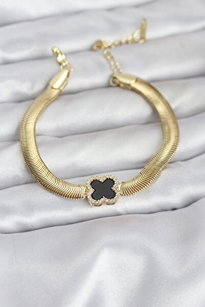 Clariss سوار نسائي من الفولاذ 316L بلون ذهبي مع نموذج البرسيم الأسود وحجر الز...