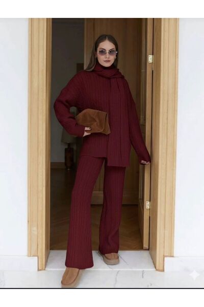 MODA Set de 3 piese pentru femei, pantaloni împletit cu păr în șal, burgundy
