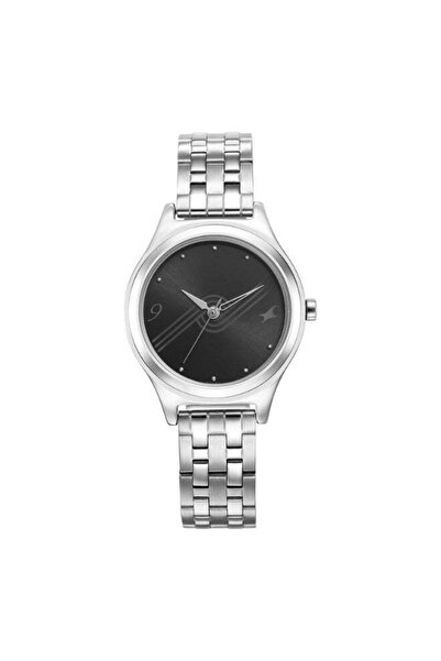 FASTRACK ساعة ستانرز النسائية 6152SM06 - مينا أسود، سوار معدني فضي