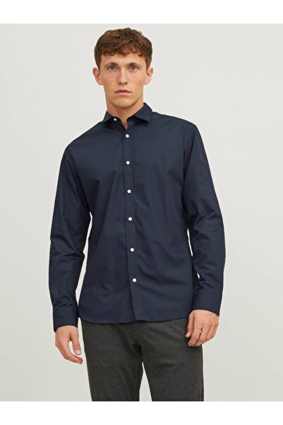Jack & Jones Men's Shirt, Cotton Blend, Slim Fit, Dark Navy