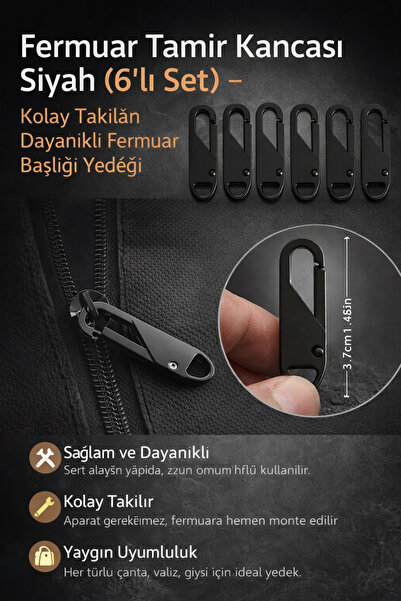Hane Dostu 6’lı Siyah Fermuar Sürgüsü Başlığı – Aletsiz Takılan Dayanıklı Fer...