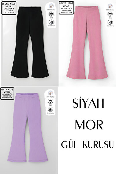 Belya Kids Wear 3 Lü Paket Pamuğa Pamuk Kız Çocuk Fitilli Taytlar