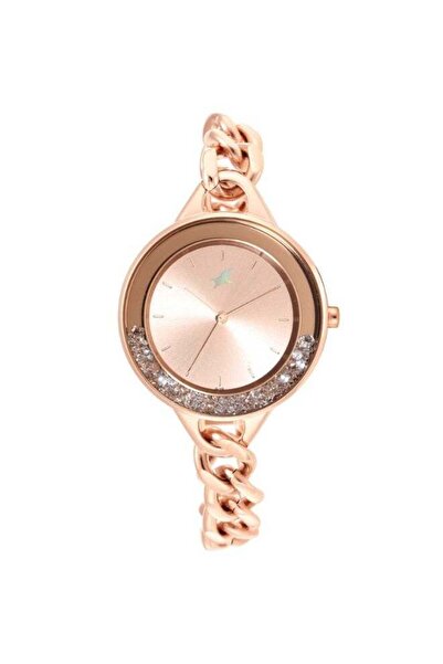 FASTRACK ساعة Glitch النسائية 68026WM01 - مينا ذهبي وردي، سوار معدني ذهبي ورد...