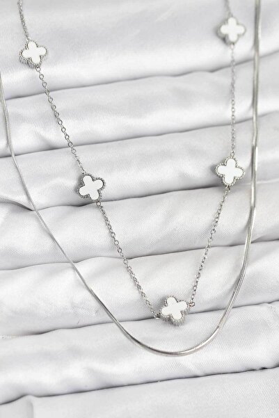 Lisinya 316L Steel Chain Silver Color Italian Chain Clover Model Women's Neck...