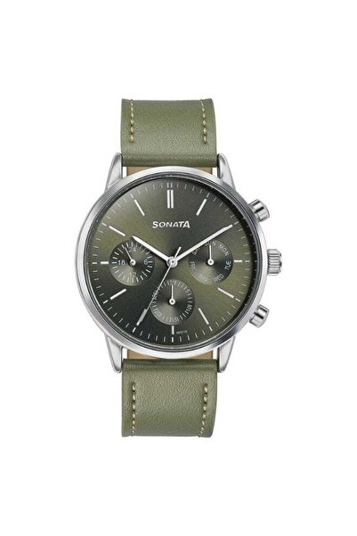 SONATA 77139SL02 Men's Analog Watch – Green Dial, Green Leather Strap, Multif...
