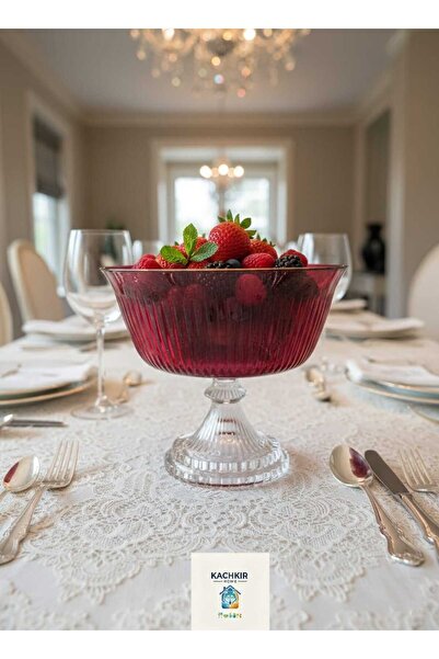 KACHKIRHOME Ayaklı Kase Cam Salata Sunumluk Dekoratif Kırmızı Ev Mutfak