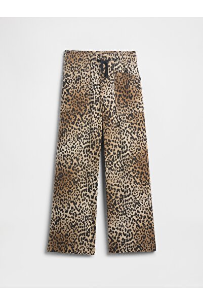 GAP Kız Çocuk Kahverengi High Rise Baskılı Pull-On Wide Leg Jean Pantolon