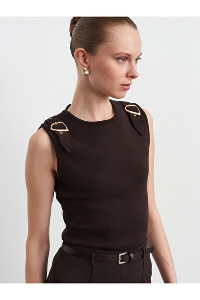 Kardelen Butik Store Women's Accessory Detailed Knitwear Blouse Dark Brown