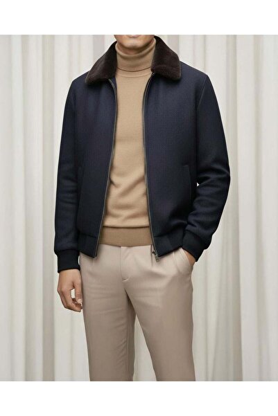 TerziAdemAltun İtalyan stil slim fit fermuarlı kürk yaka deri şeritli mont lacivert T14989