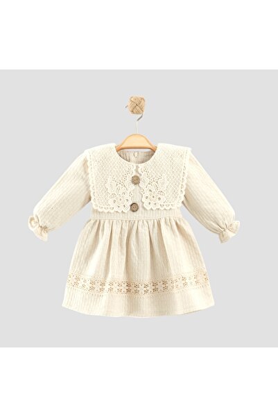 Dandini Kız Bebek %100 Pamuk Keten Dantel Detaylı Uzun Kollu Bej Elbise