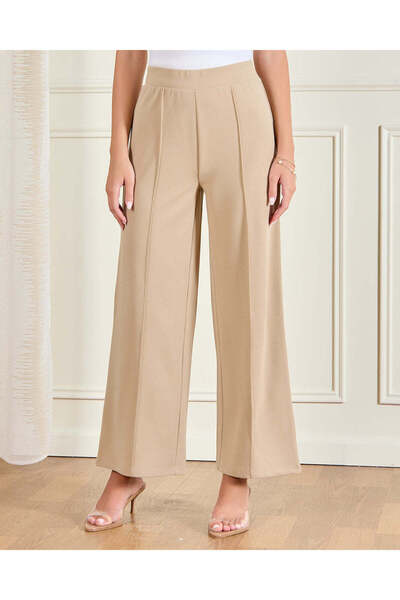 REDTAG Women Beige Pintuck Detail Wideleg Knitted Trouser