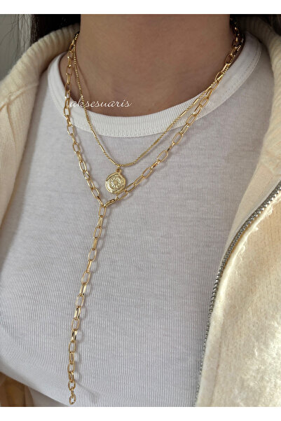 aksesuaris Set of 2 Gold Patterned Chain Medallion Y Low-Cut Women's Necklace