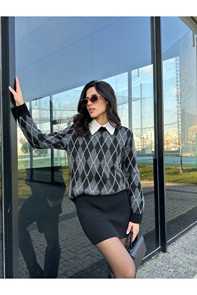 LOTUS CITY Baklava Patterned Soft Textured Knit Sweater Black Anthracite