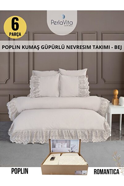 Dantela Romantica Poplin Kumaş Güpürlü Nevresim Takımı -Krem