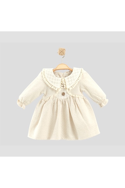 Dandini Kız Bebek %100 Pamuk Keten Dantel Yakalı Uzun Kollu Elbise | Bej & Kahverengi