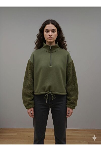 shop Haki yeşil dik yaka oversize peluş sweatshirt