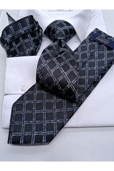 Gutiero Black and White Patterned Classic Tie with Handkerchief