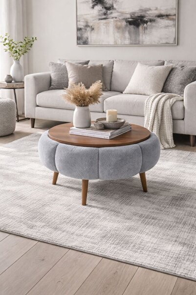 KOKİ DESİGN Papatya Wellsoft Gri Kumaş Kaplamalı Yuvarlak Orta Sehpa