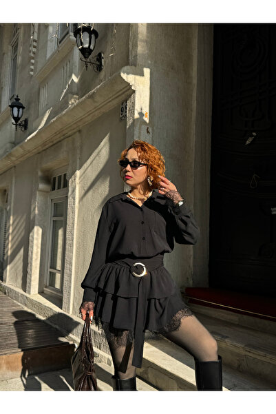 Bak'ap Premium Trend Lace Detailed Ruffled Belted Shirt Dress