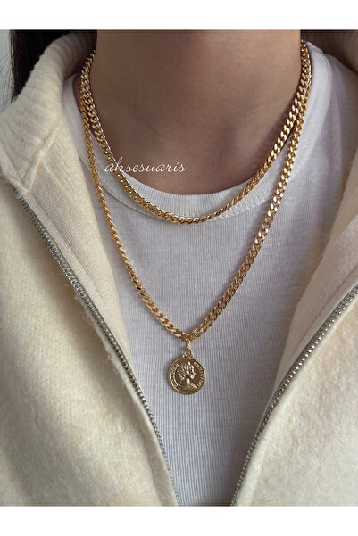 aksesuaris 2-Piece Medallion Gold Women's Chain Necklace