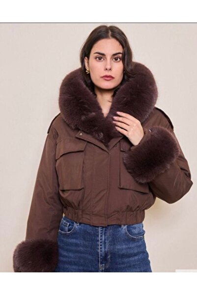 NO BRAND Women's Cropped Taupe Puffer Jacket with Fur Collar