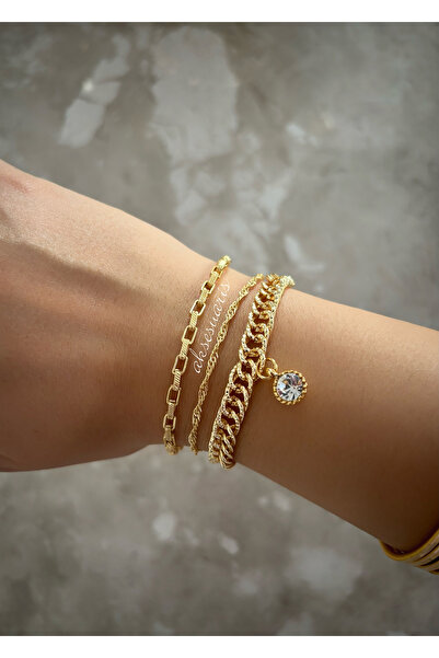 aksesuaris طقم أساور ذهبية نسائية مكون من 3 قطع من حجر الزركون