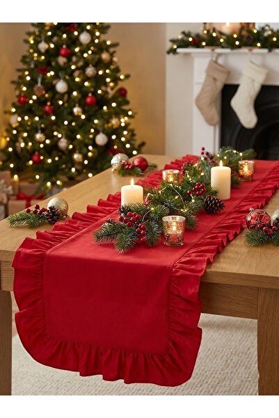 Mery Tekstil Yılbaşı Özel Fırfırlı Kırmızı Şık Runner 40x140 CM