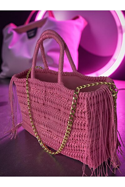 AHK Bag Beauty Neon Pembe Püskül Detaylı Hasır/Kağıt İp Günlük Çantası | Gold...