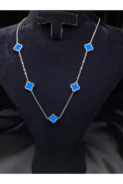 Mila Lumiere Van Cleef Minimal Clover Model Silver Silver Baby Blue Color Steel Necklace
