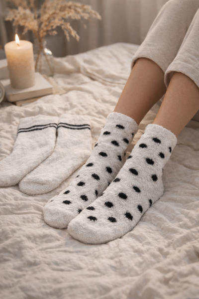 WORTHY SOCKS 2-Piece Plush Sleep Socks for Women – Polka Dot & Striped, Soft Warm Home Socks 2 Pairs