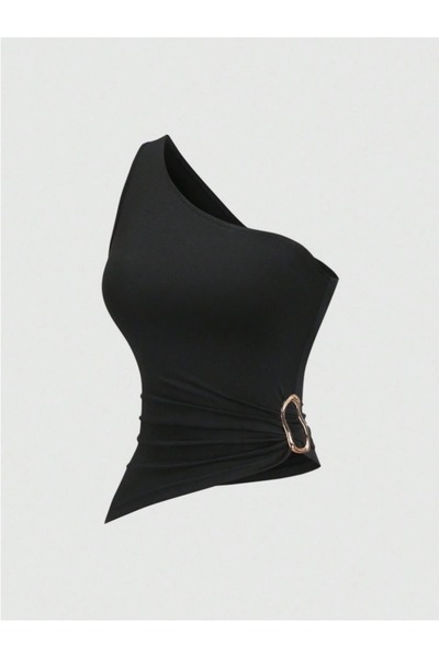 blck & premium Gold Buckle Detailed Single Strap Usa Trend Crop