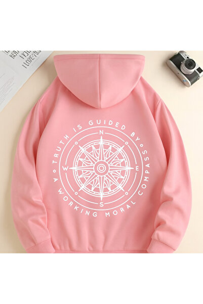 CLASSY.MODA سويت شيرت يومي مريح للجنسين قصة فضفاضة بغطاء رأس بوصلة مطبوع بتصم...