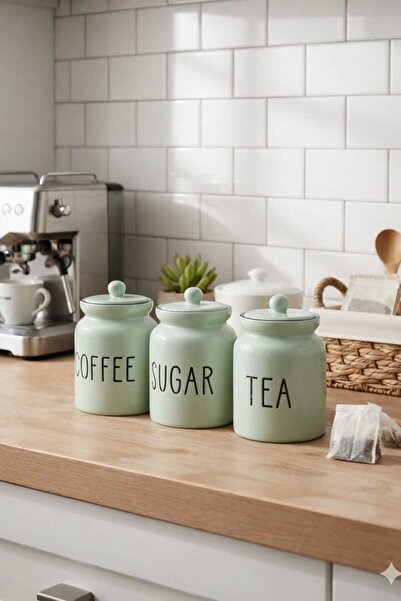 Dekorasyaa طقم 3 برطمانات سيراميك للشاي - والقهوة - والسكر مع أغطية - أخضر