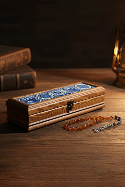 EVCİME El Yapımı Çini Karo Baskılı Ahşap Tespih Kutusu (5x25cm)