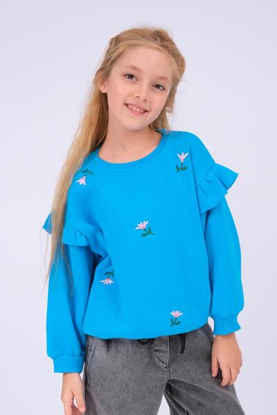 Perendi Girl's Ruffle Detailed Floral Embroidered Sweatshirt - Turquoise