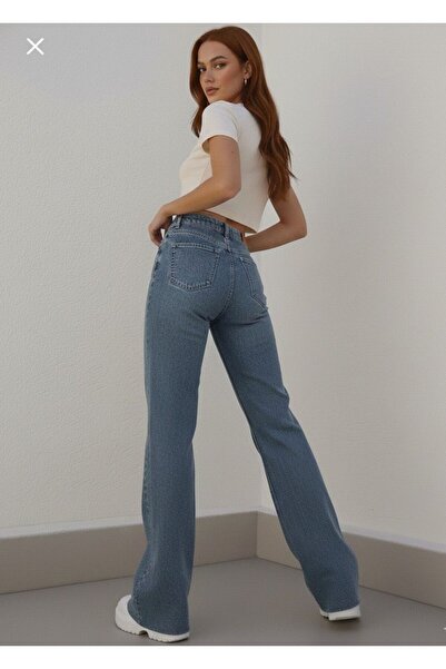 BİENAL BUTİK Γυναικείο μπλε τζιν παντελόνι με ψηλόμεσο κορδόνι με φαρδύ πόδι