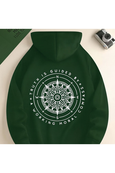 CLASSY.MODA سويت شيرت يومي مريح للجنسين قصة فضفاضة بغطاء رأس بوصلة مطبوع بتصم...