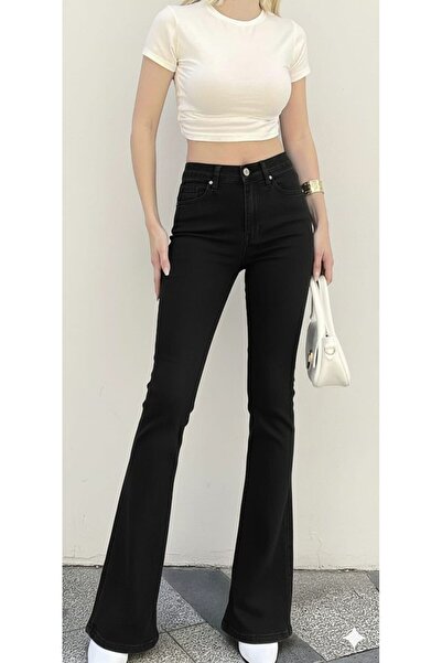 BİENAL BUTİK Jns Ψηλόμεσο Μαύρο Ισπανικό Τζιν Παντελόνι Λύκρα Ελαστικό Τζιν Π...