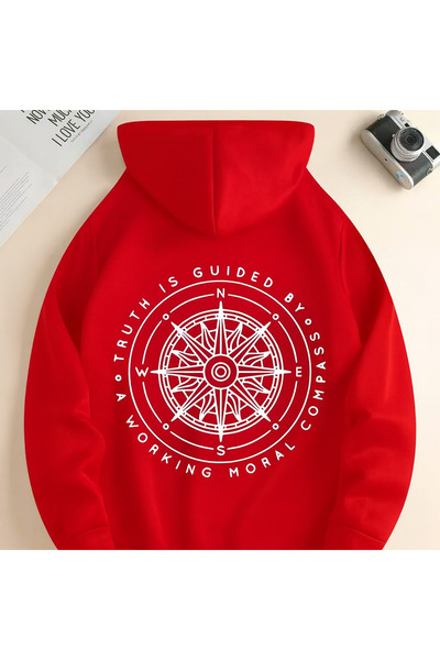 CLASSY.MODA سويت شيرت يومي مريح للجنسين قصة فضفاضة بغطاء رأس بوصلة مطبوع بتصم...