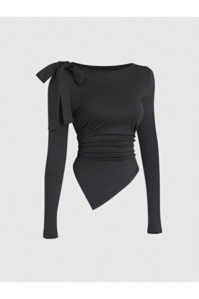 blck & premium Fiyonk Detaylı Siyah Usa Trend Asimetrik Viscone Bluz