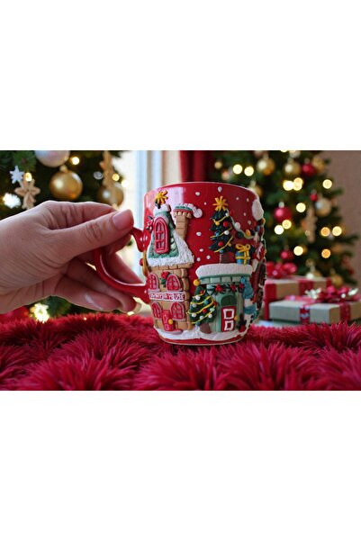 MAKARON SANAT Kış Evleri / Yeni yıl 3D Kabartma Kupa Bardak