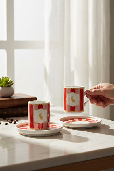 CASTEL Tavşan desenli 4 parça 2 li porselen kahve fincan takımı