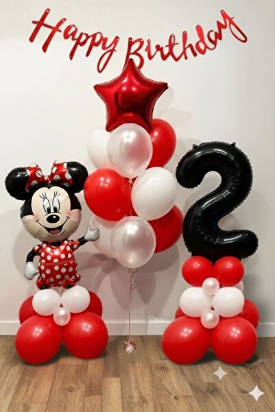 PARTİAVM Minnie Mouse Temalı 2 Yaş İçin Siyah Rakamlı Balon Standı Seti Kırmı...