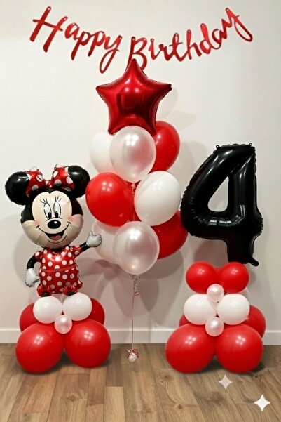 PARTİAVM Minnie Mouse Temalı 4 Yaş İçin Siyah Rakamlı Balon Standı Seti Kırmı...