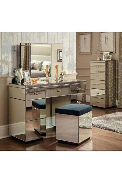 LUXURY VİLLA LUXURY BRONZ AYNALI 3LÜ SET MAKYAJ MASASI ÇAMAŞIRLIK PUF