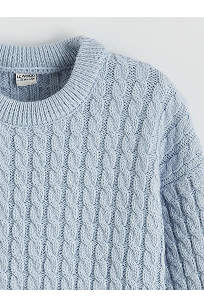 LC Waikiki Lcw Kids Blue Crew Neck Hair Braid Patterned Girls' Knitwear Sweater