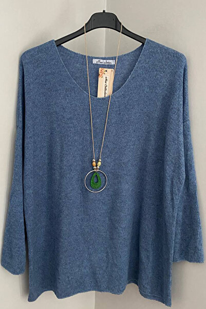 AYASOFYA OTANTIK Women's Italian Indigo Blue V-Neck O Oversized Casual Textur...