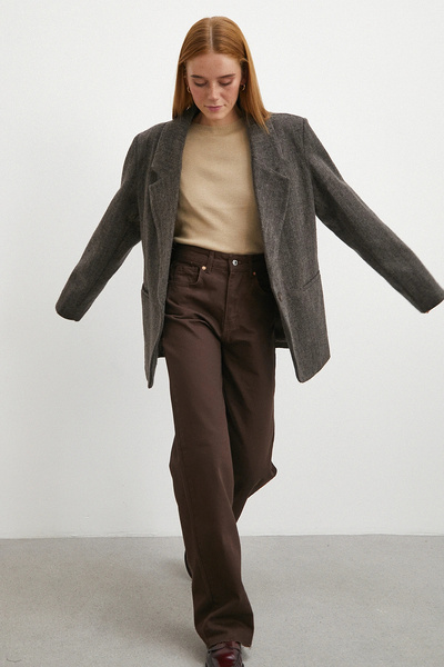 Never more Yüksek Bel Kesik Boru Paça Jean Kahve