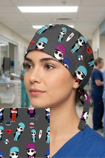 Lion Üniforma Ponçik Hemşire Desenli Cerrahi Bone Unisex – Likralı Doktor Hem...