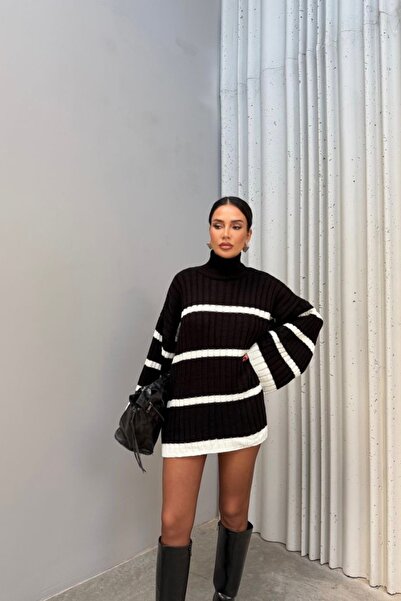 Auroveen Oversize Dik Yaka Geniş Kol Beyaz Çizgi Detaylı Kazak Mini Elbise AV...